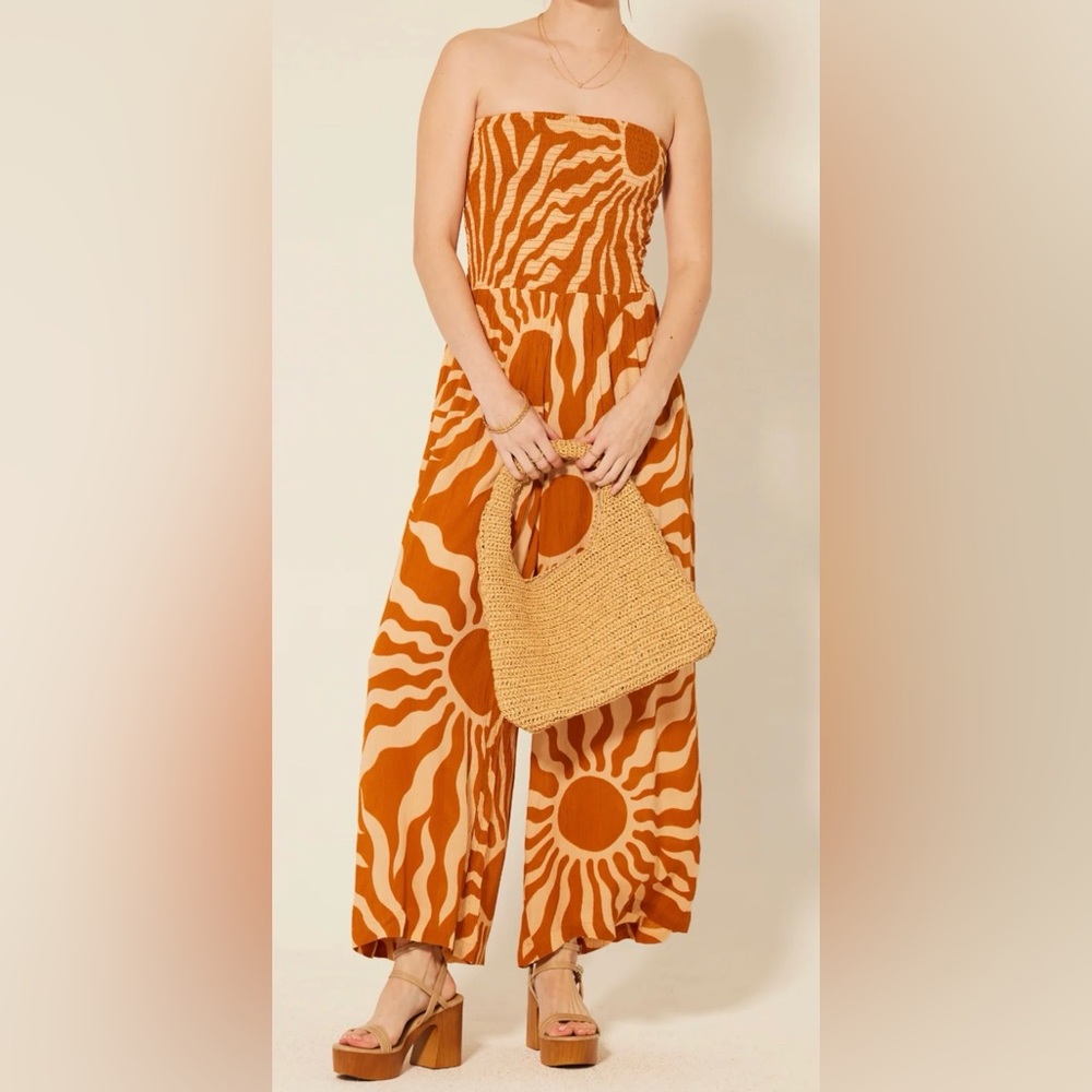 Patrons of Peace Luna Vista Strapless Sunburst Wide-Leg Jumpsuit